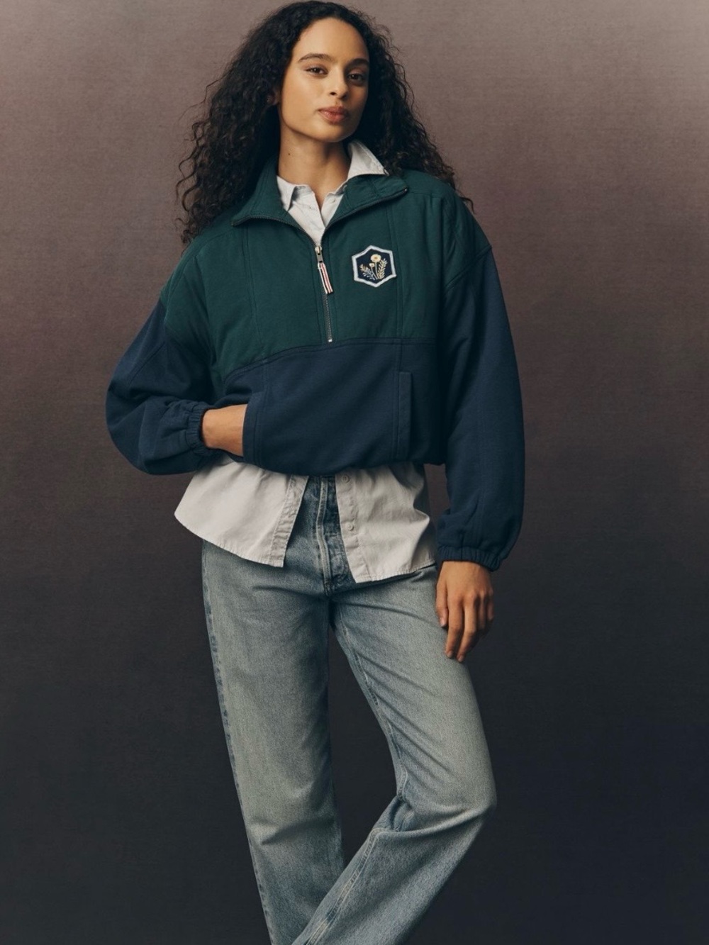 Pilcro Green and Navy Half-Zip Pullover Sweatshirt with Embroidered Patch, Large - Picture 9 of 10